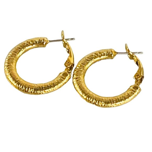 Hoop Earrings Gold Tone Round Womens Textured Omega Backs Shiny Fashion Style - Picture 1 of 16